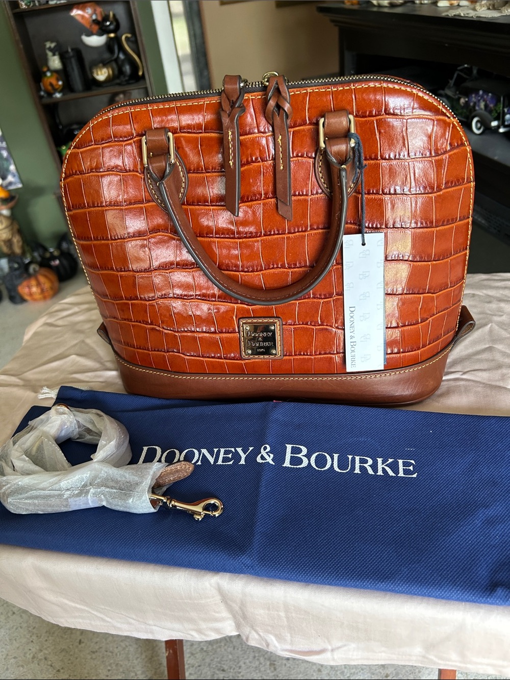 NWT Dooney & Bourke Croc-Embossed Leather Satchel in Cognac Brown
